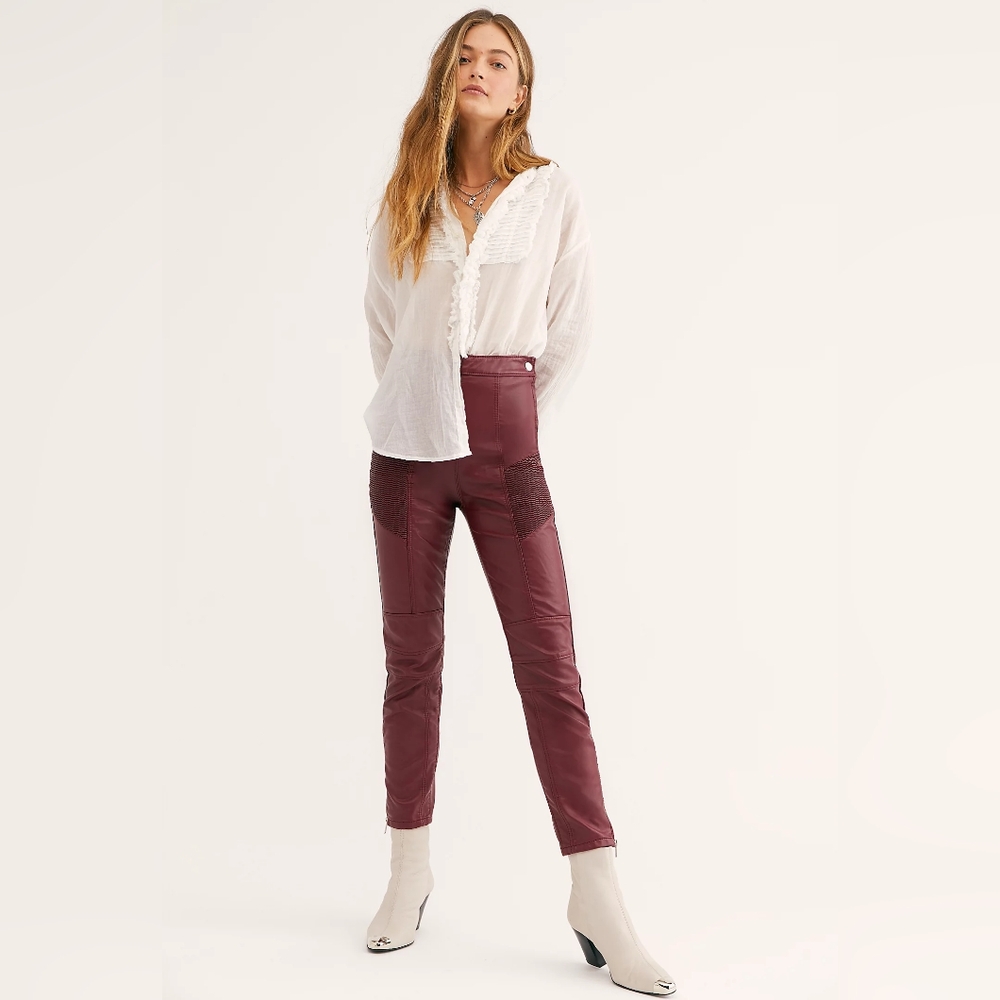 Free People White Faux Leather High Rise Ankle Zip Moto Pants NWT - Picture 1 of 15